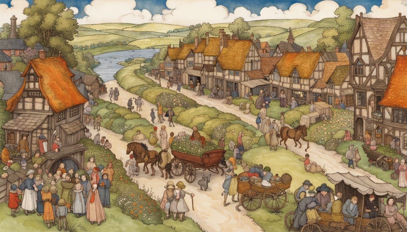 Medieval Village Market Day in Rackham-Darger Style