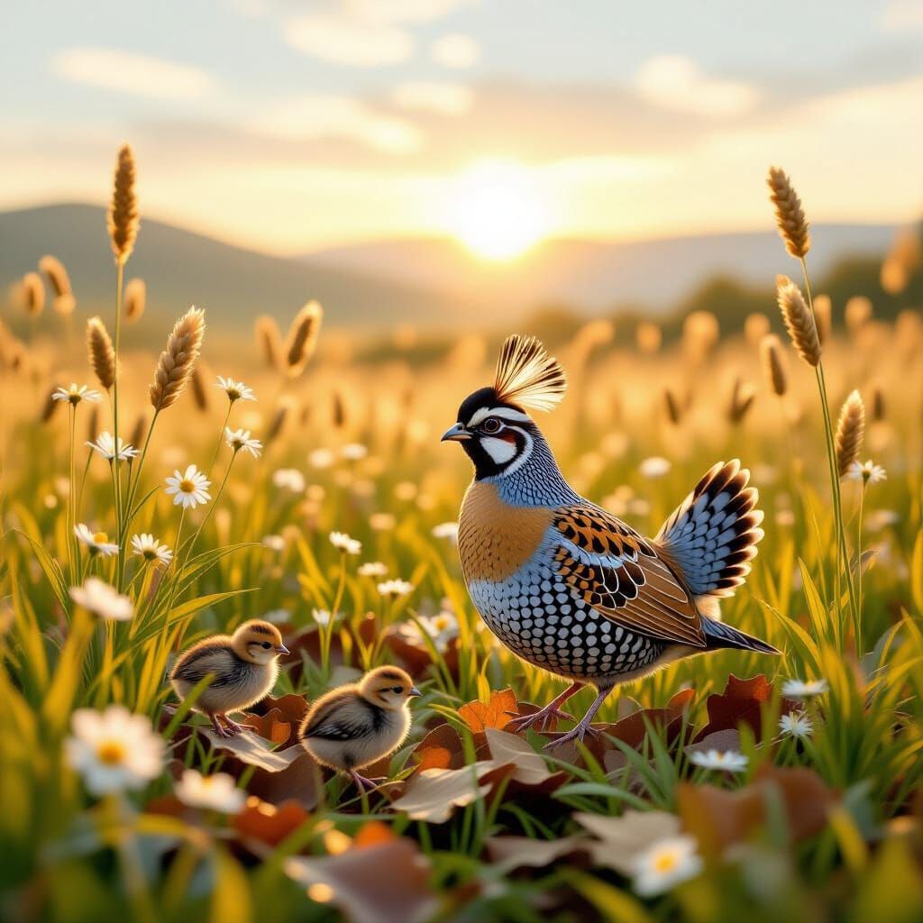 Serene Quail Family in Golden Grass at Sunrise
