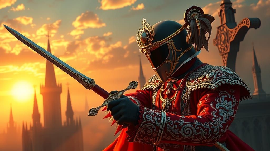 Duelist in Baroque Attire Surrounded by Gothic Spires