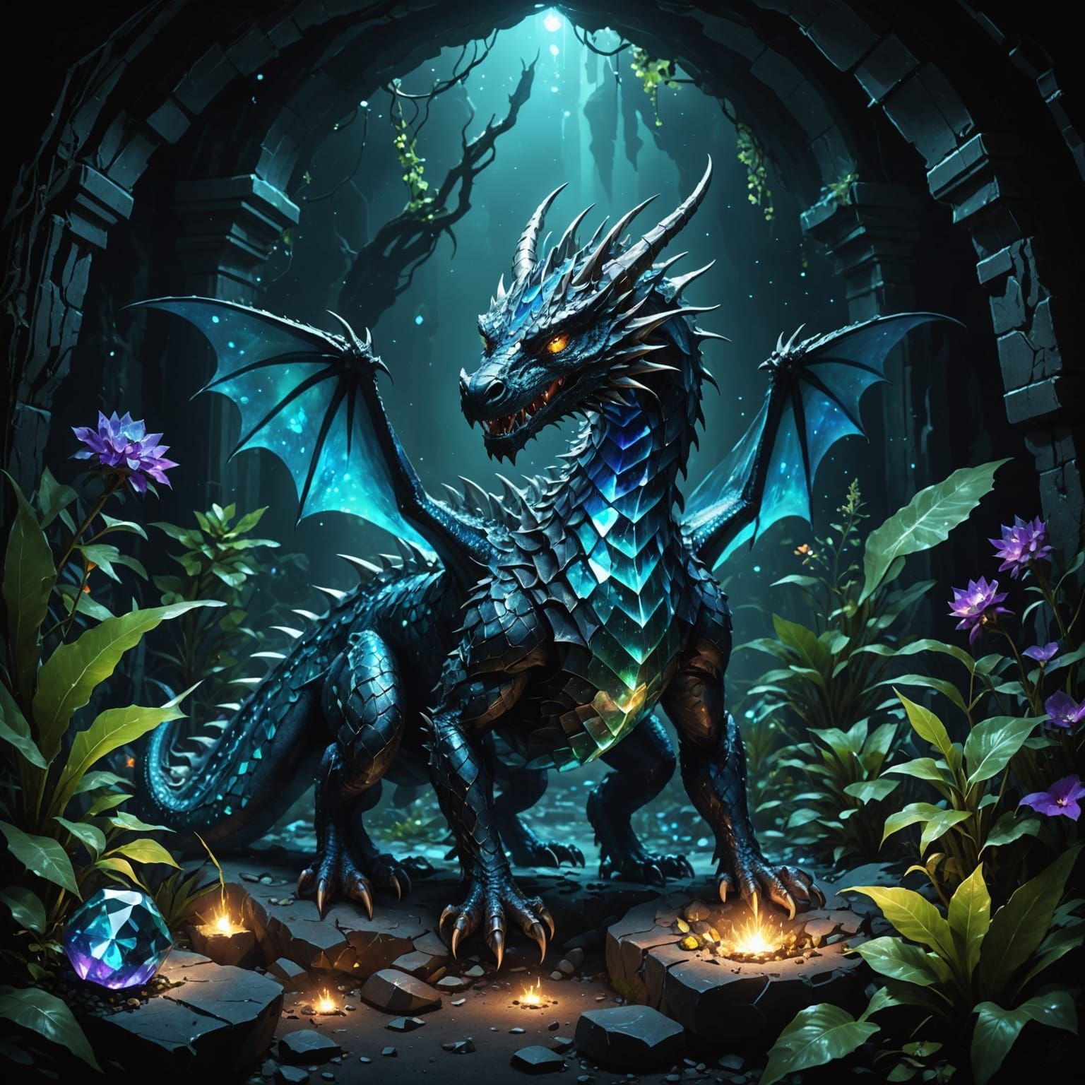 Gemstone Dragon in Bioluminescent Cavern