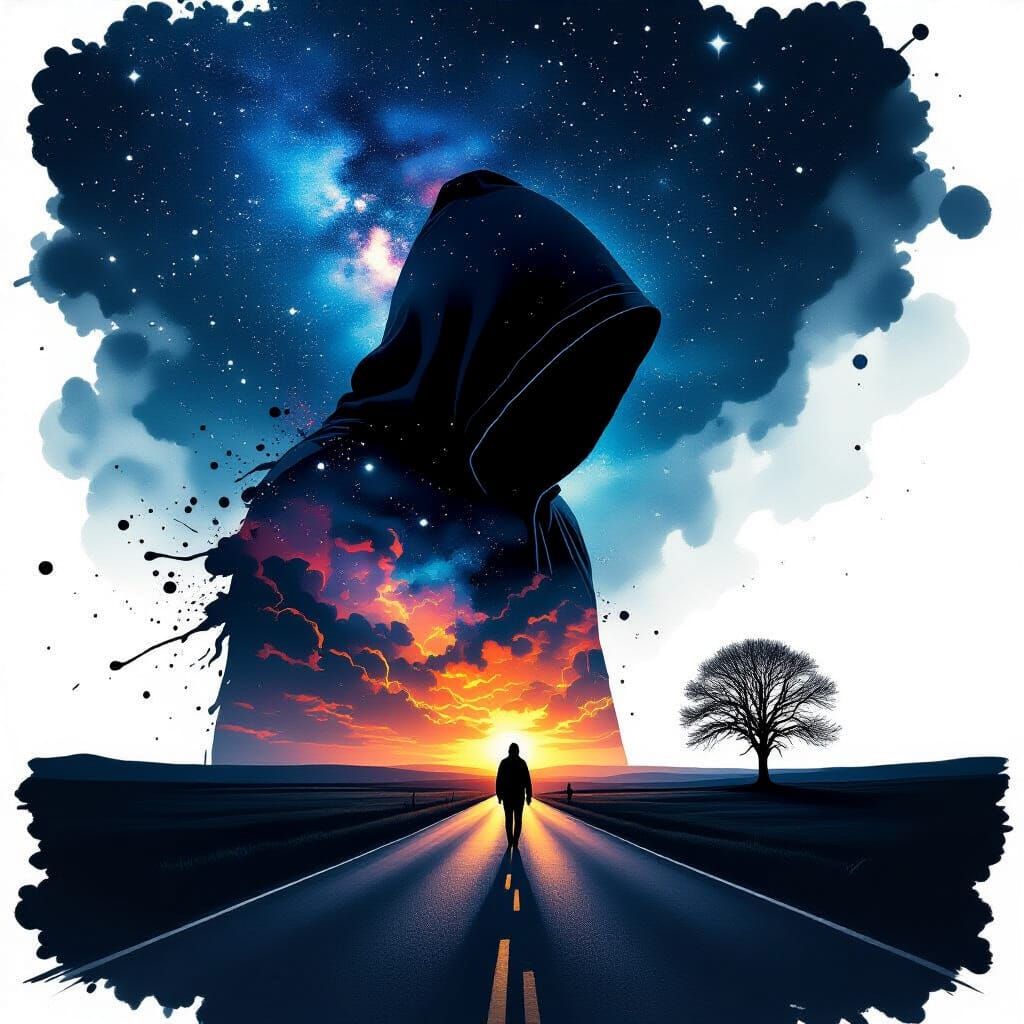 Mysterious Hooded Figure in Cosmic Night Sky