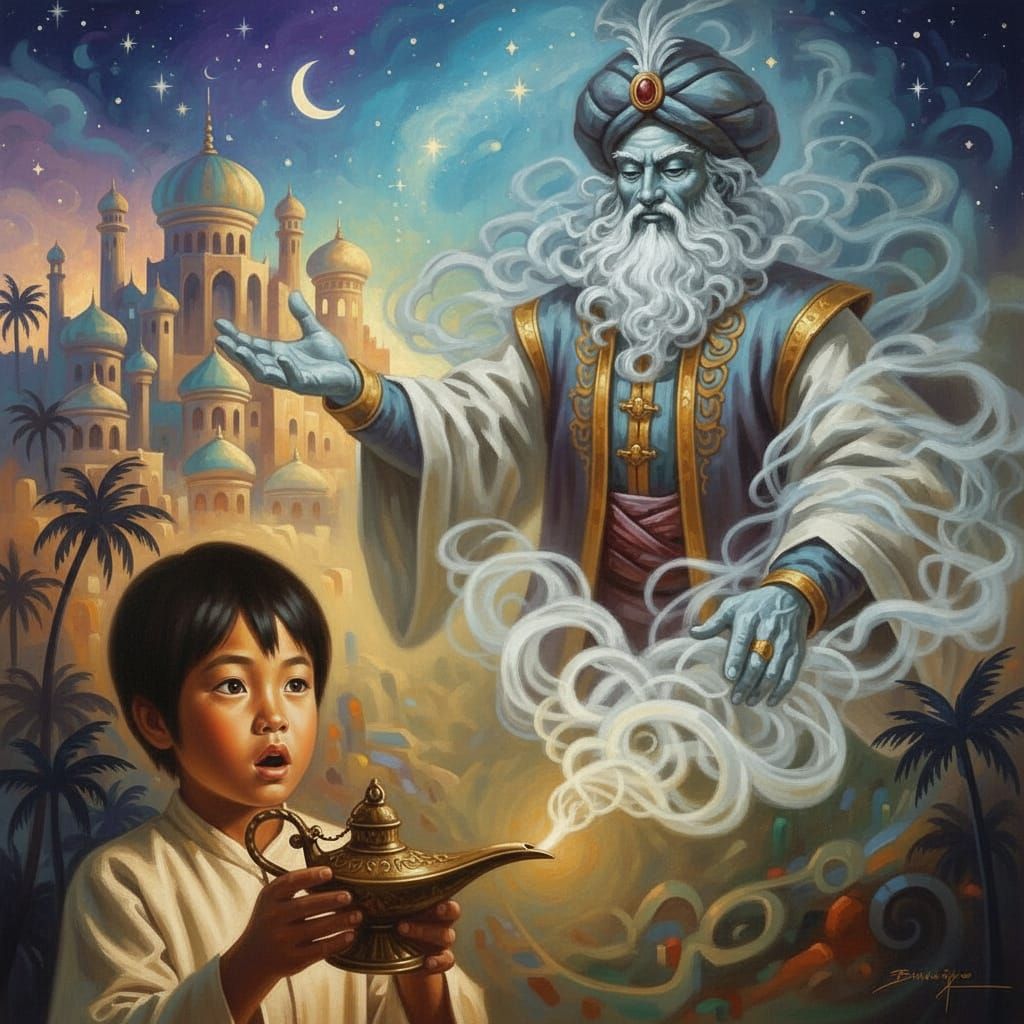 Djinn Emerges from Lamp: Boulet-Style Oil Painting