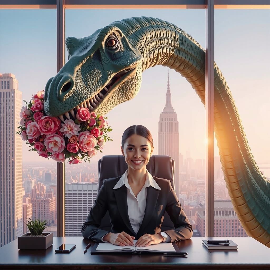 Diplodocus Offers Flowers to Office Secretary