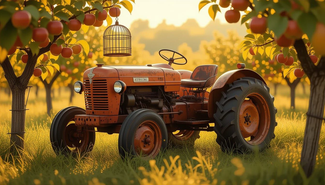 Abandoned Orchard Tractor with Birdcage in Golden Light