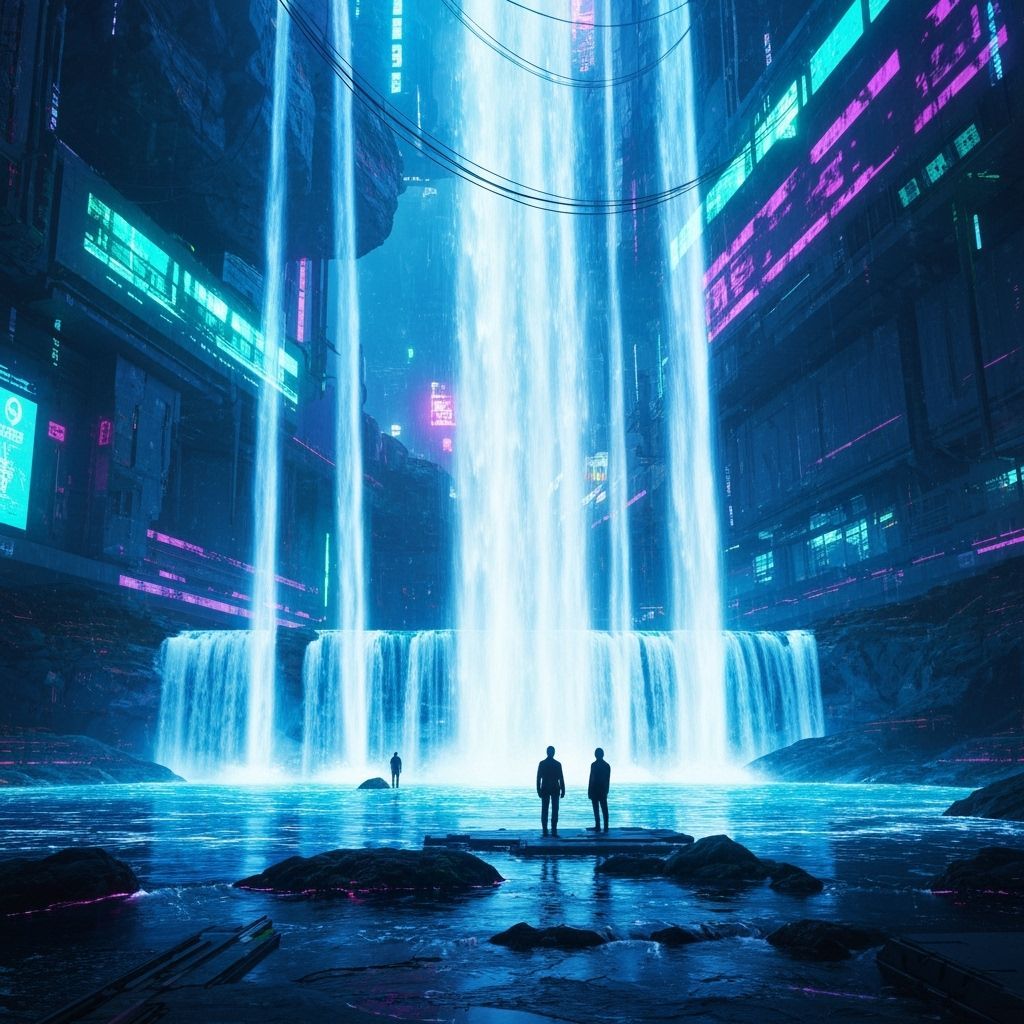 Surreal Cyberpunk Waterfall in Romantic Style