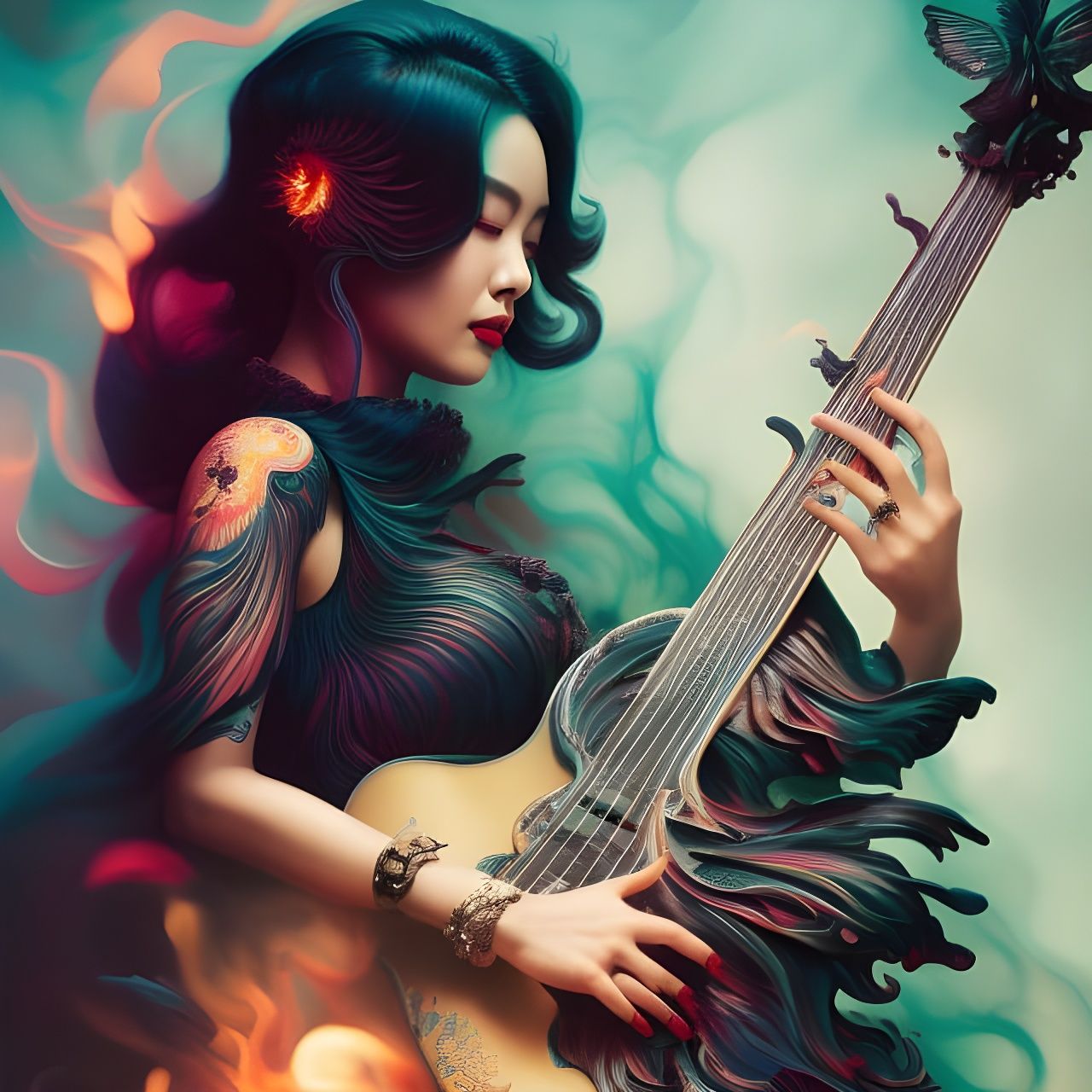 Colorful Guitarist with Tattoos in Horror Style