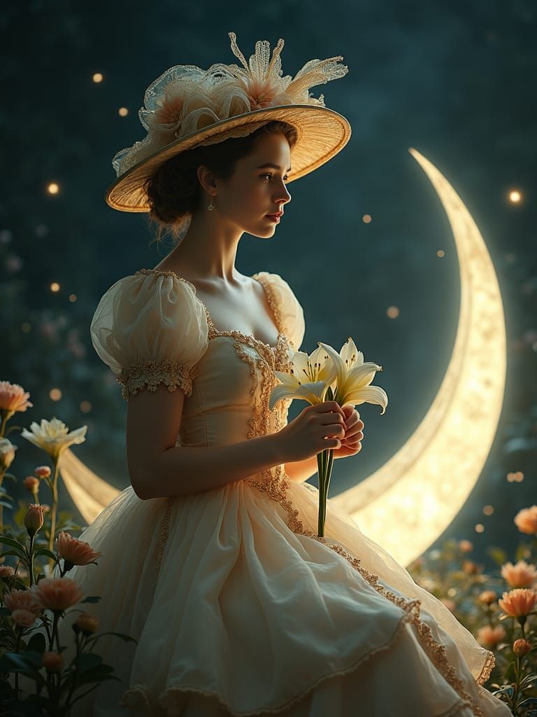Victorian Woman on the Moon with Lilies
