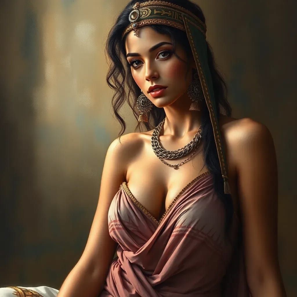 Elegant Woman in Egyptian Art Style Oil Painting