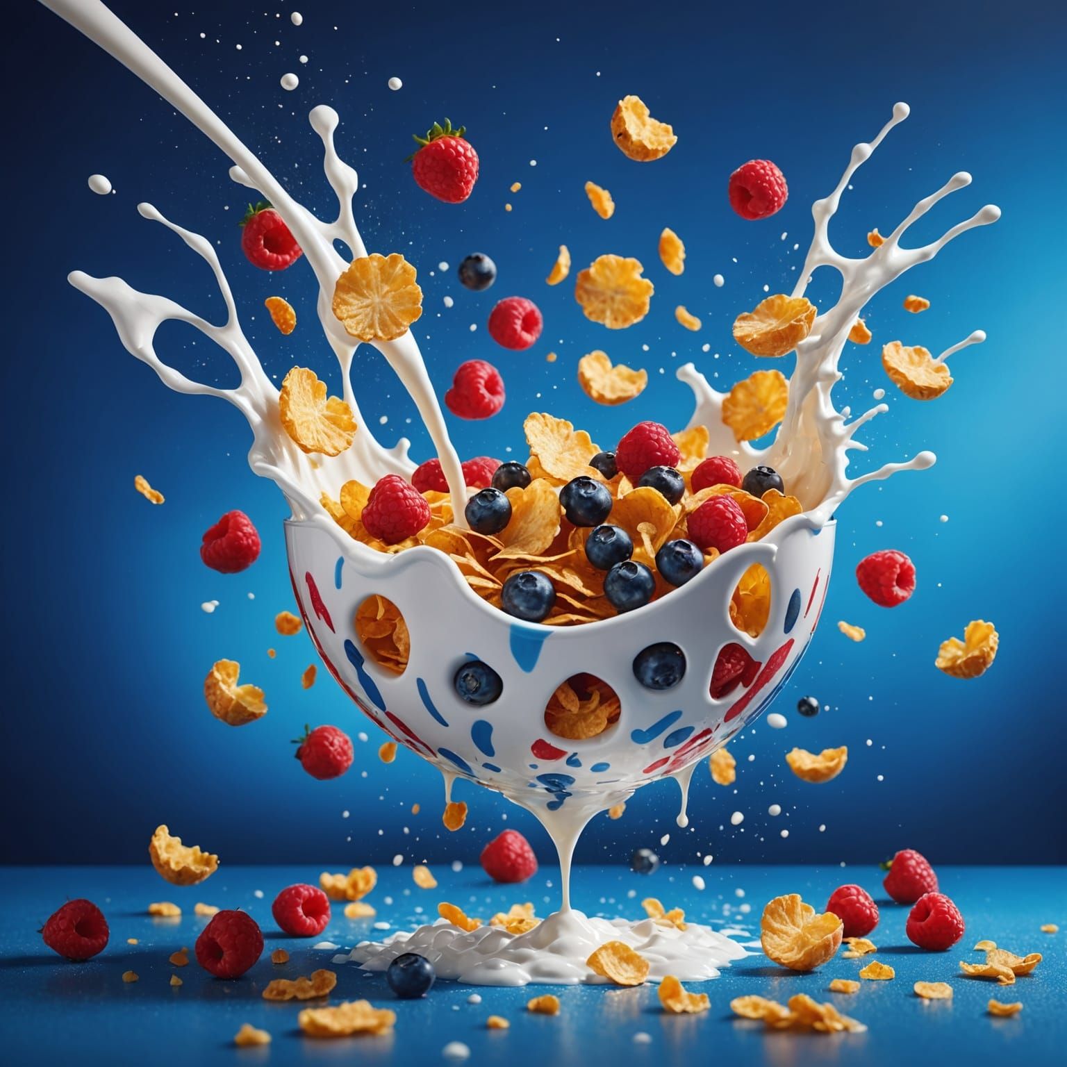 Vibrant Cornflakes Dance in Mid-Air, a Hyperrealistic Breakf...