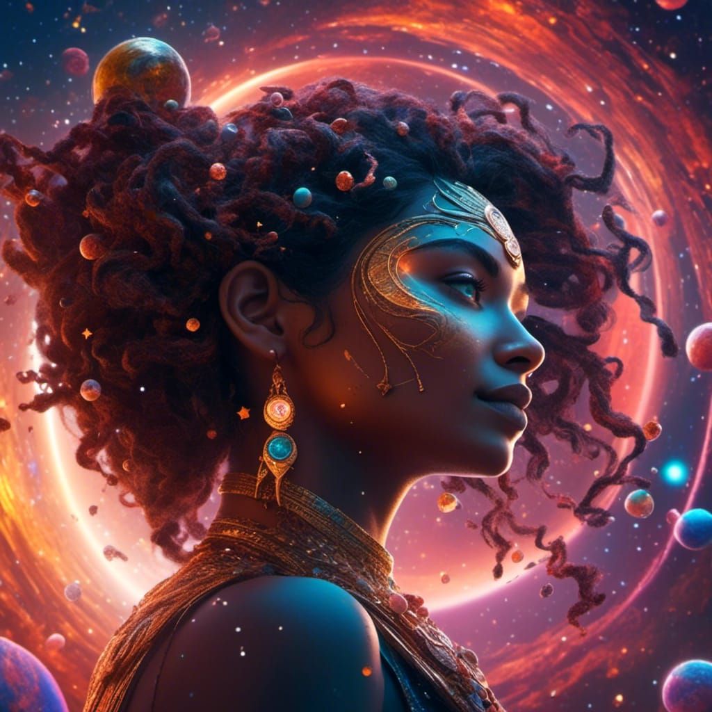 Indian Goddess Sunbathing in Space, Fantasy Concept Art