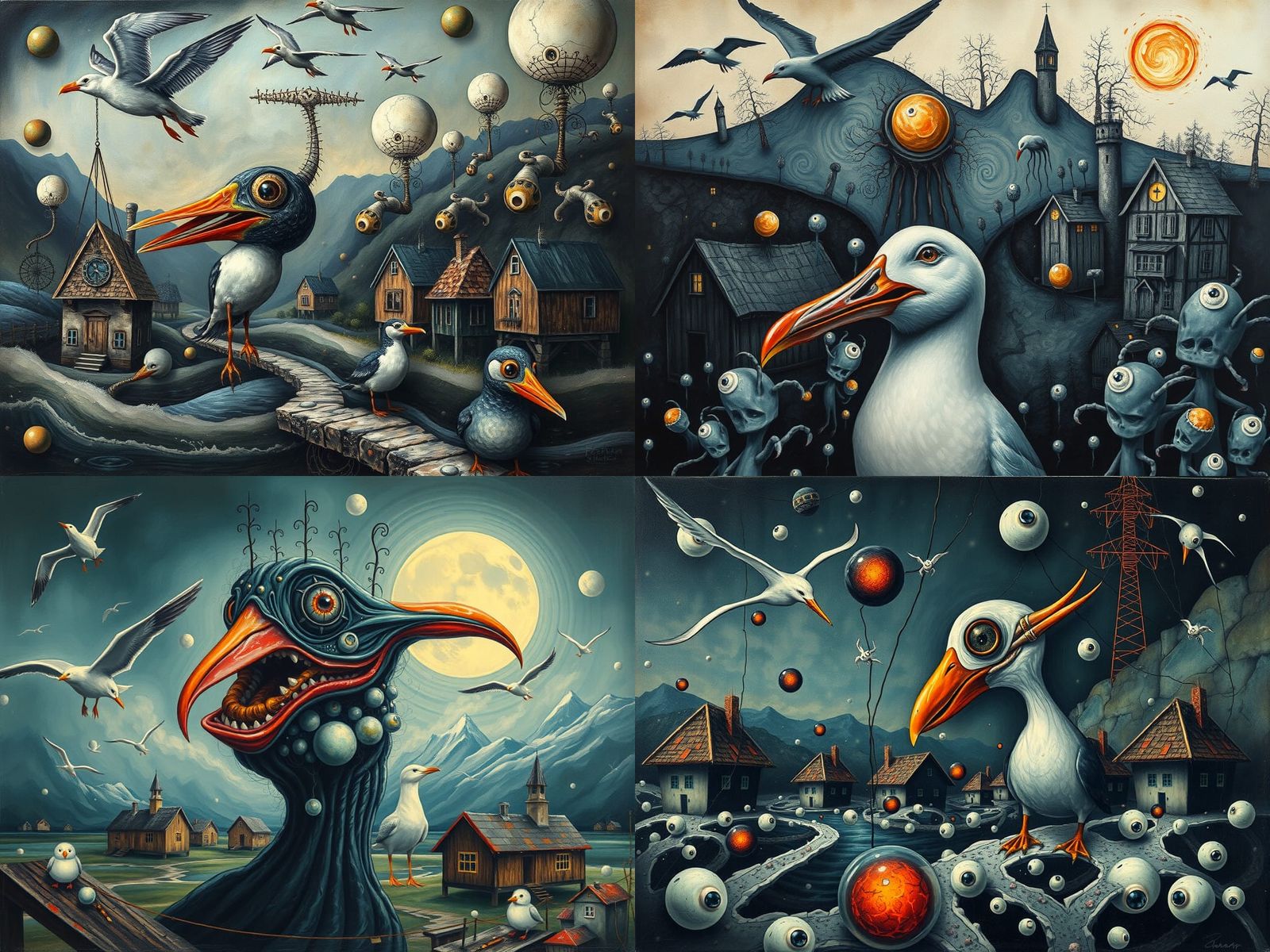 Surreal Dystopian Norwegian Horror Village with Mutant Seagu...