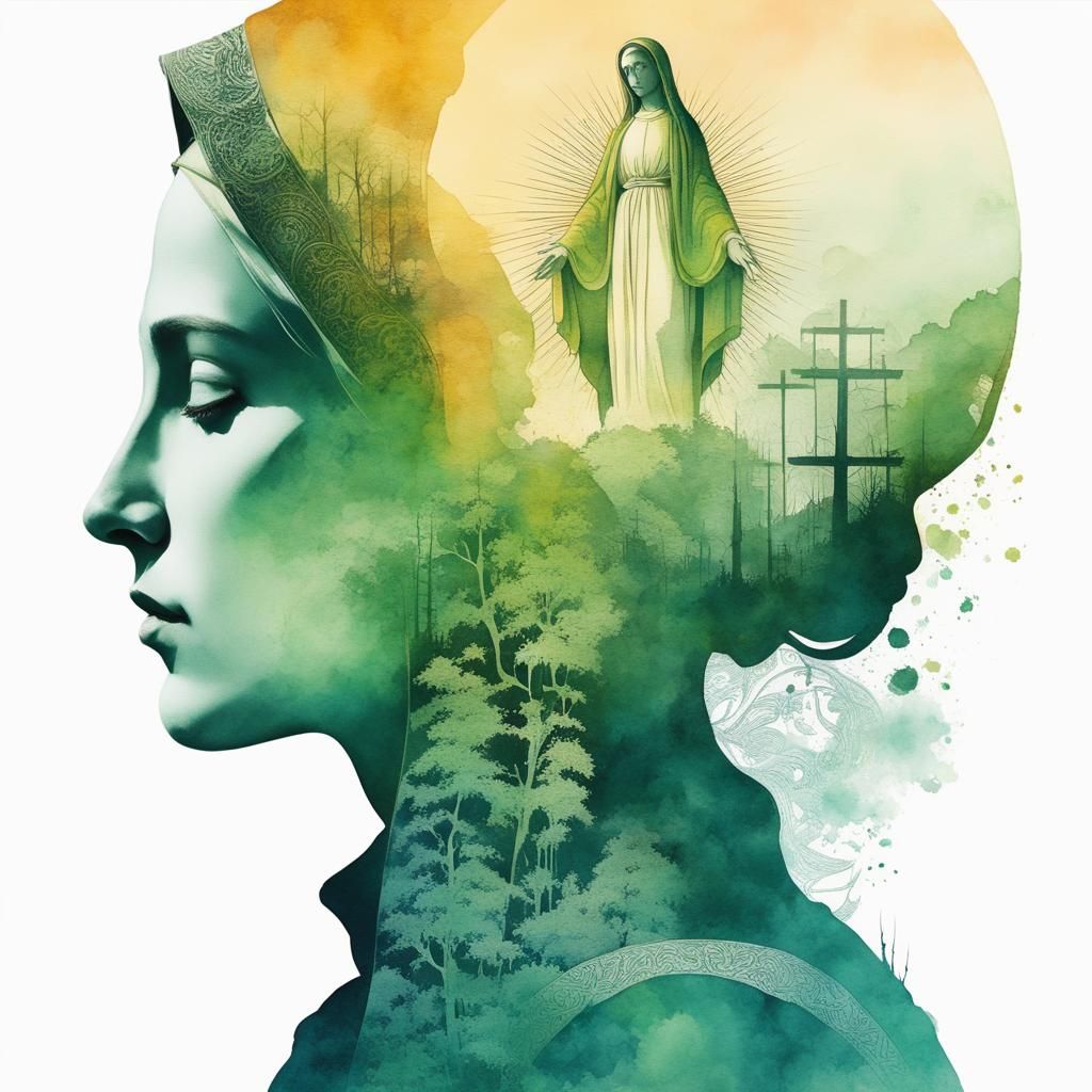 Virgin Mary Silhouette: Double Exposure Watercolor Painting