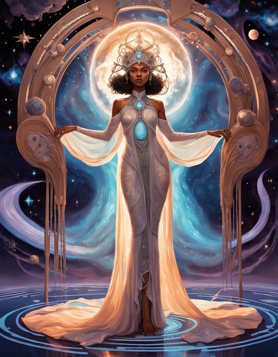 Ethereal Cosmic Maiden in Art Nouveau and Art Deco Splendor