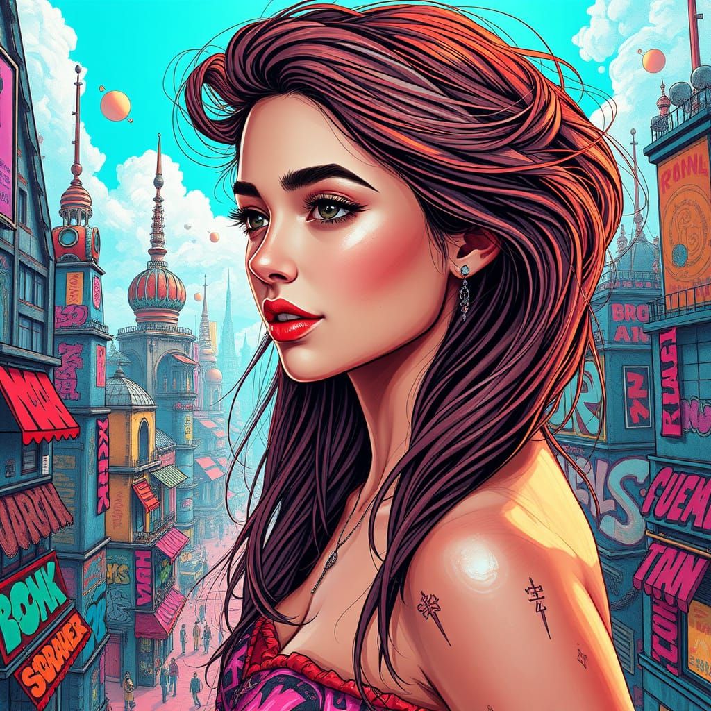 Surreal Futuristic Cityscape with Elegant Woman in Concept A...