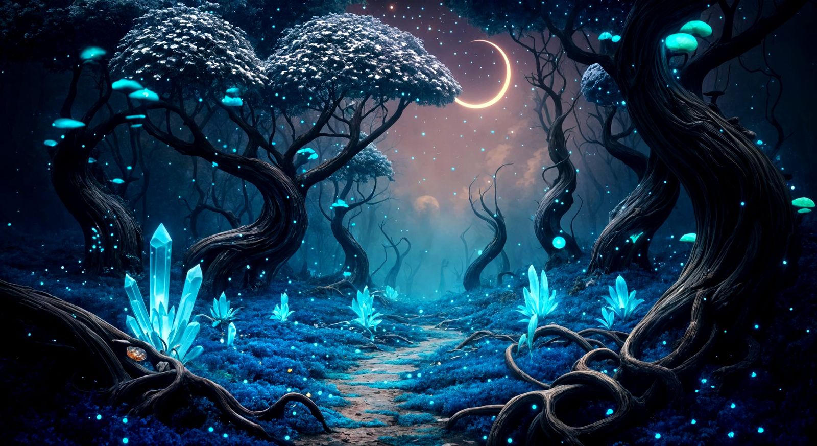 Ethereal Lunarpunk Forest with Bioluminescent Flora