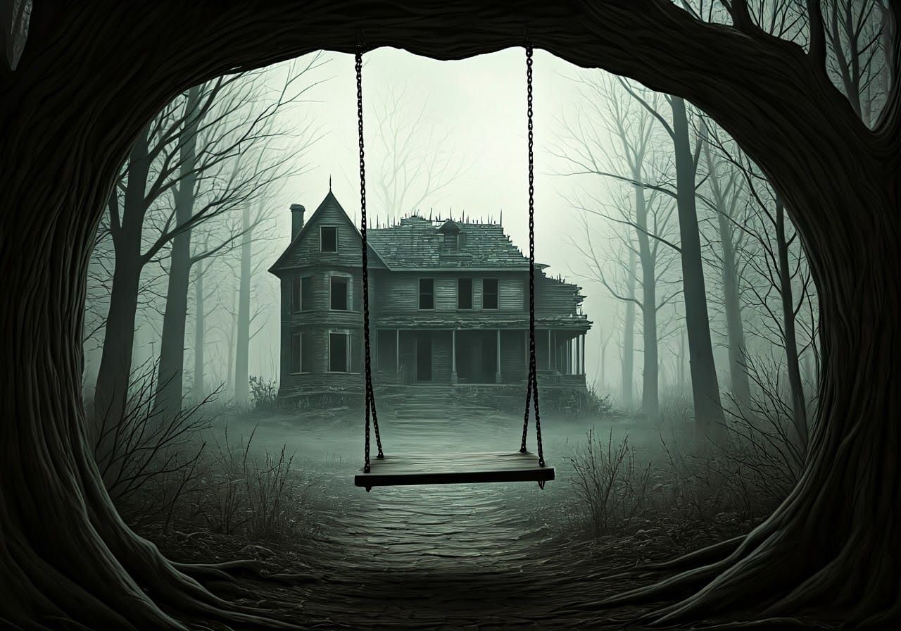 Sinister Haunted House with Broken Swing in Digital Horror A...