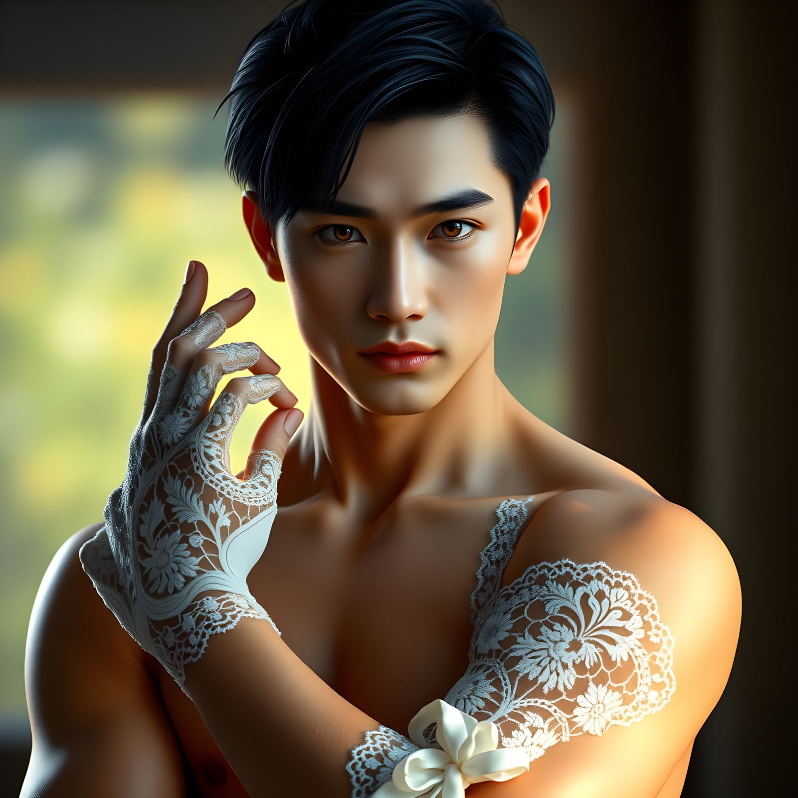 Handsome Japanese Warrior in Lace Gloves, Fantasy Concept Ar...