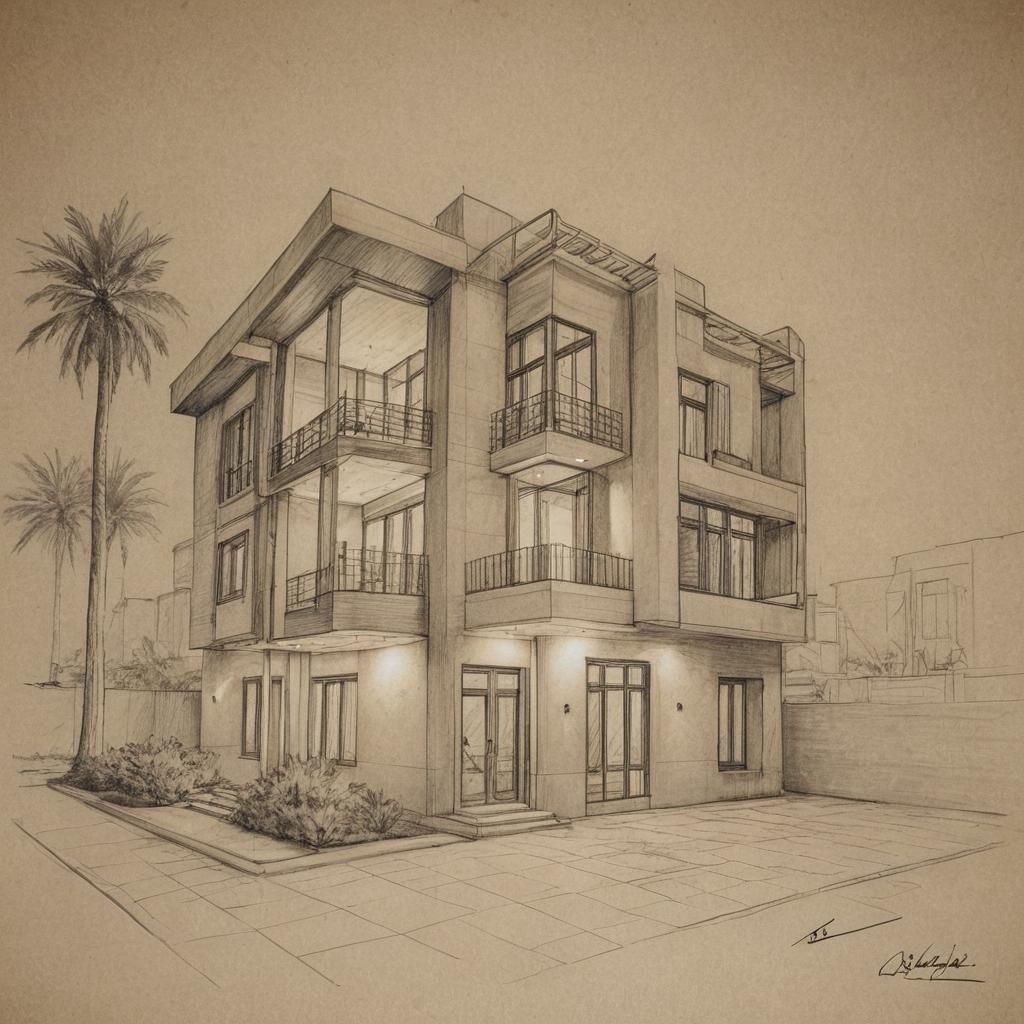 Architectural Sketch of Modern Baghdad House at Night