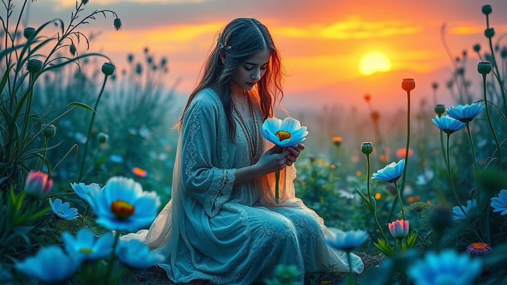 Dreamlike Bohemian Figure in Iridescent Fantasy Landscape