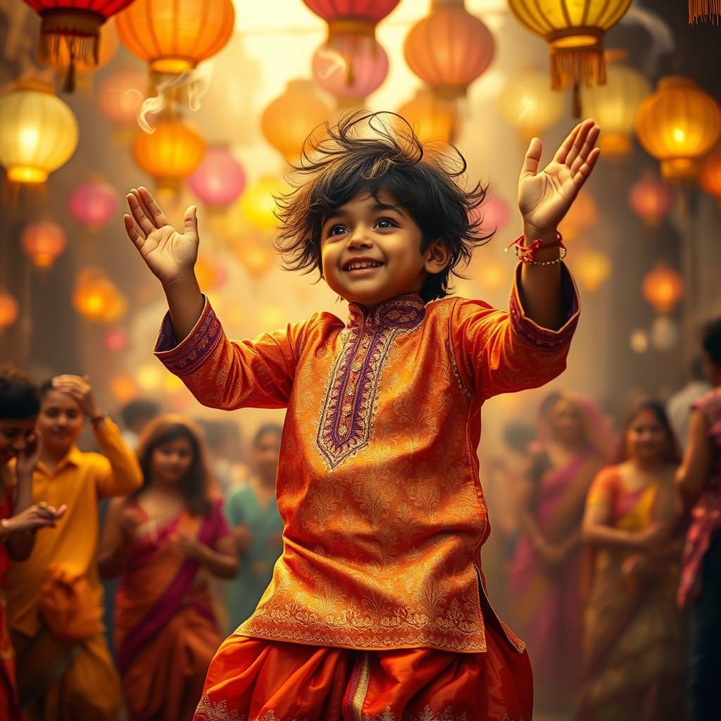 Joyful Indian Boy Dancing in Vibrant Festival Scene