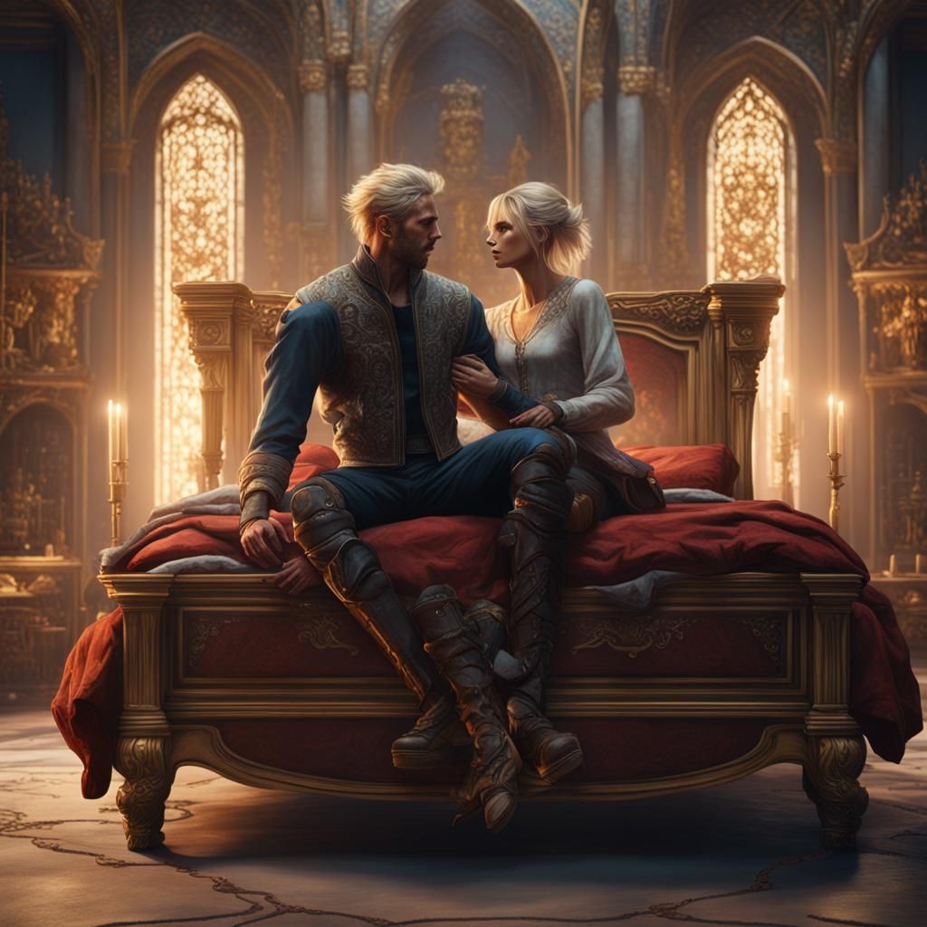 Blonde Woman and Man on Bed: Fantasy Concept Art