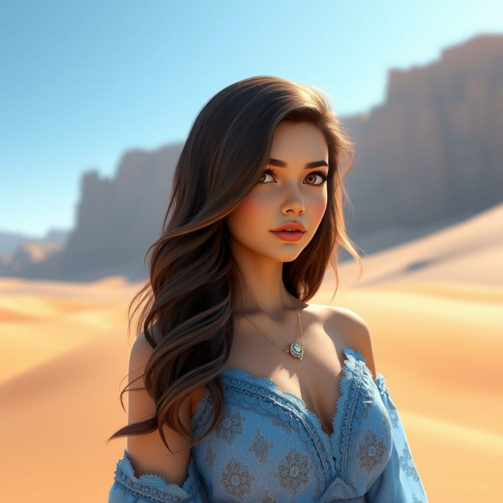 Brunette in Blue Harem Costume in Desert Landscape