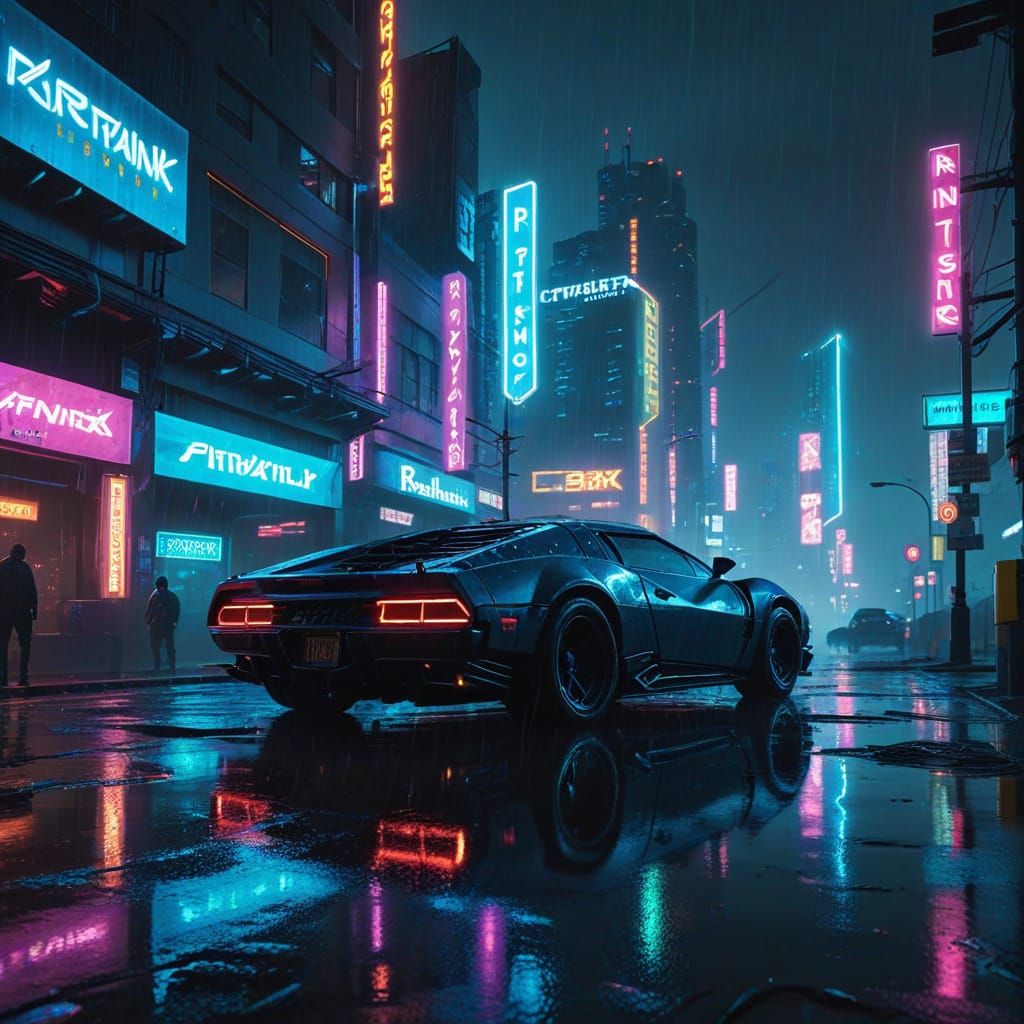 Cyberpunk 2099: Musical Notes in Neon Noir Cityscape