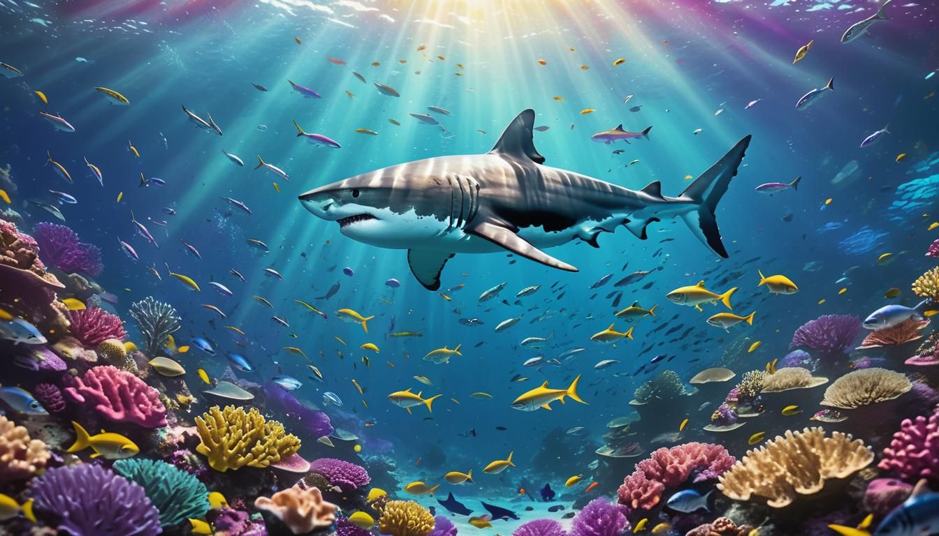 Great White Shark in a Thriving Coral Reef