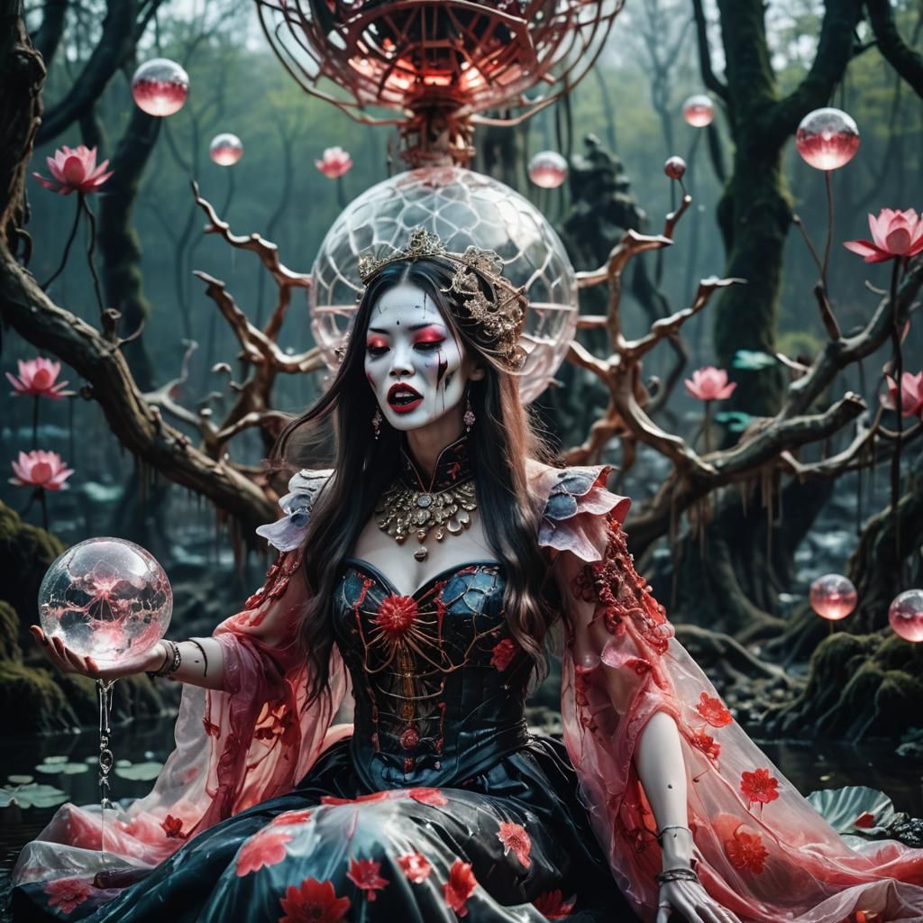 Macabre Glamour: Skeletal Woman in Lotus Swamp