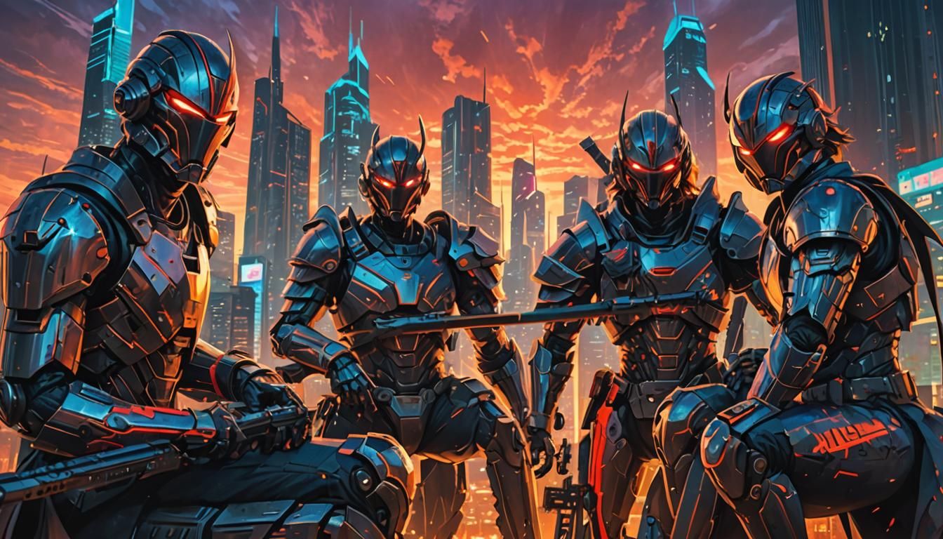 Armored Warriors in Dystopian Cityscape: Manga Illustration