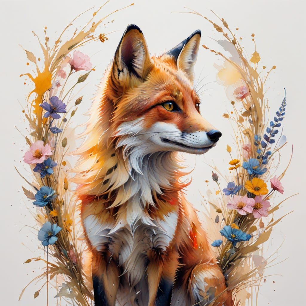 Surreal Red Fox in Whimsical Blooming Meadow