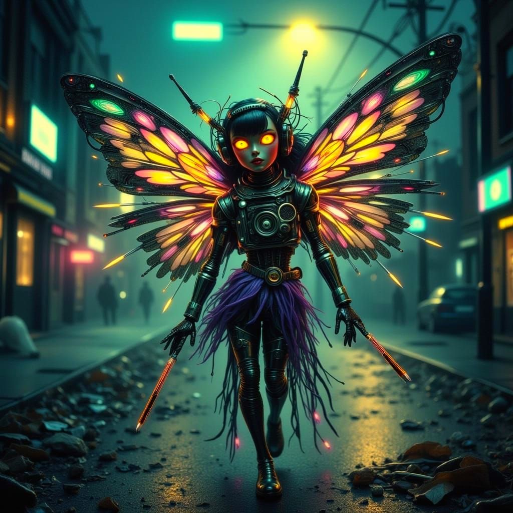 Cyberpunk Fairy Dances Beneath Flickering Streetlamp