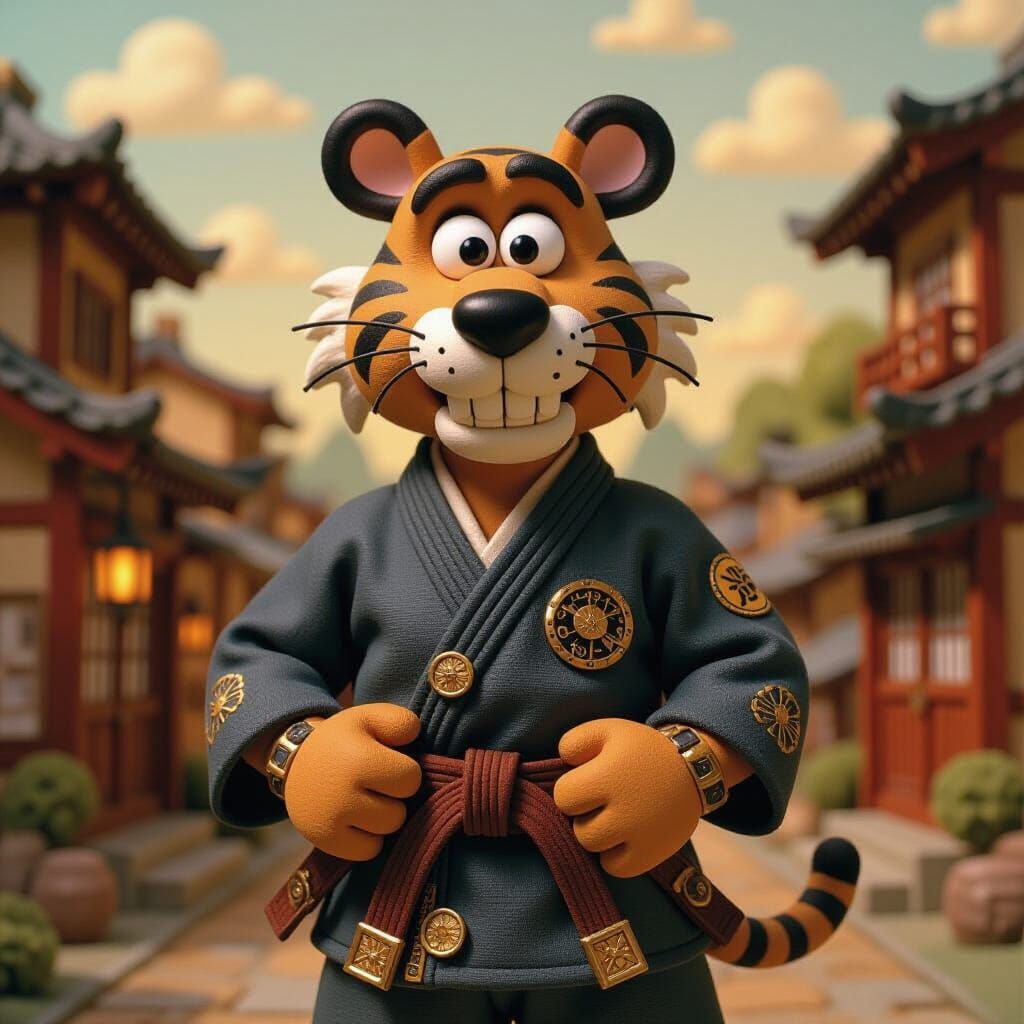 Steampunk Tiger in Claymation Style Japanese Village