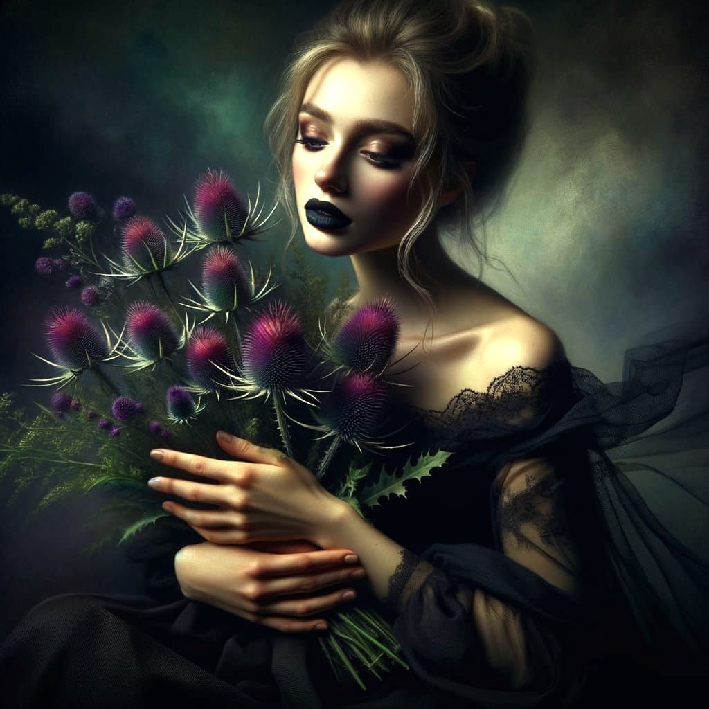 Mystical Gothic Woman with Thistles in Moonlight