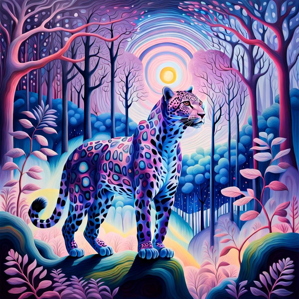 Surreal Leopard Figure in Magnetic Forest