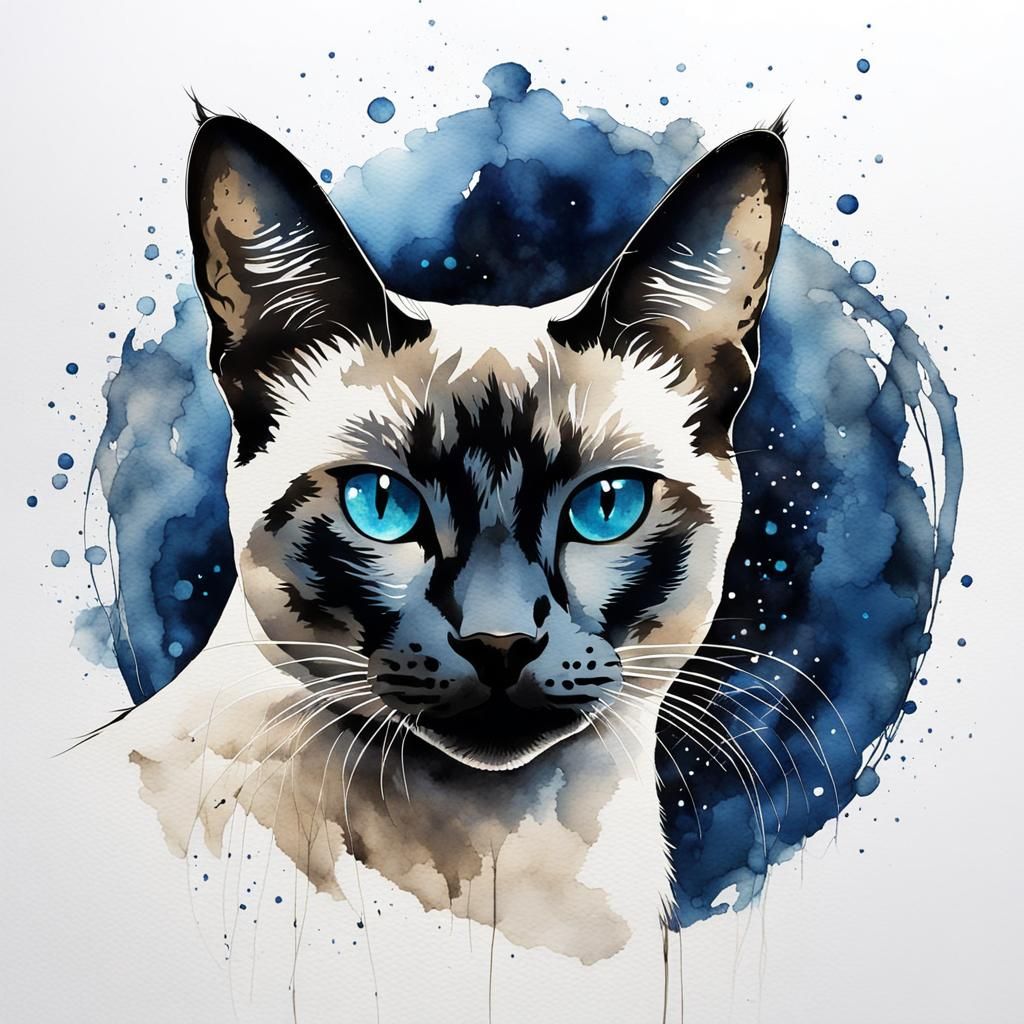 Elegant Seal Point Siamese in Watercolour Ink