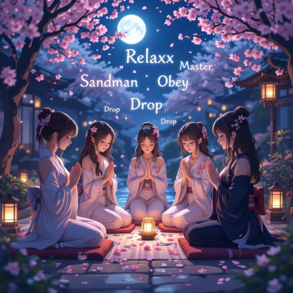 Harem Girls Praying in Moonlit Garden with Floating Words