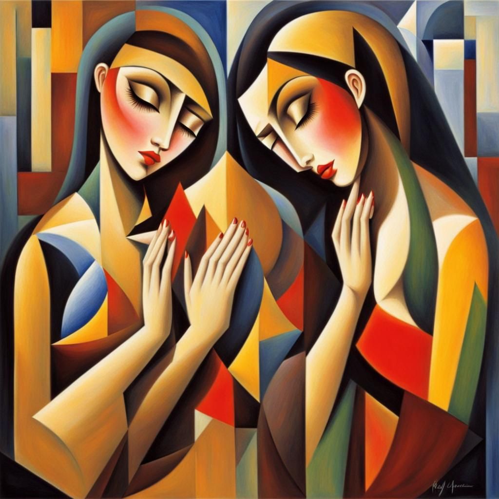 Girls Praying with Golden Hearts in Cubist Style