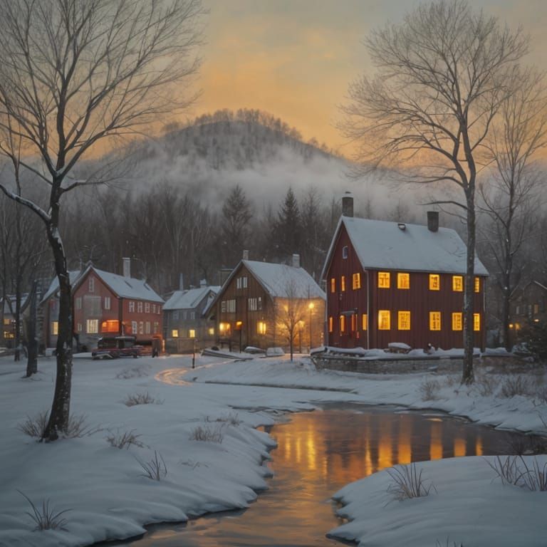 Dreamy Swedish Town Painting with Red Houses