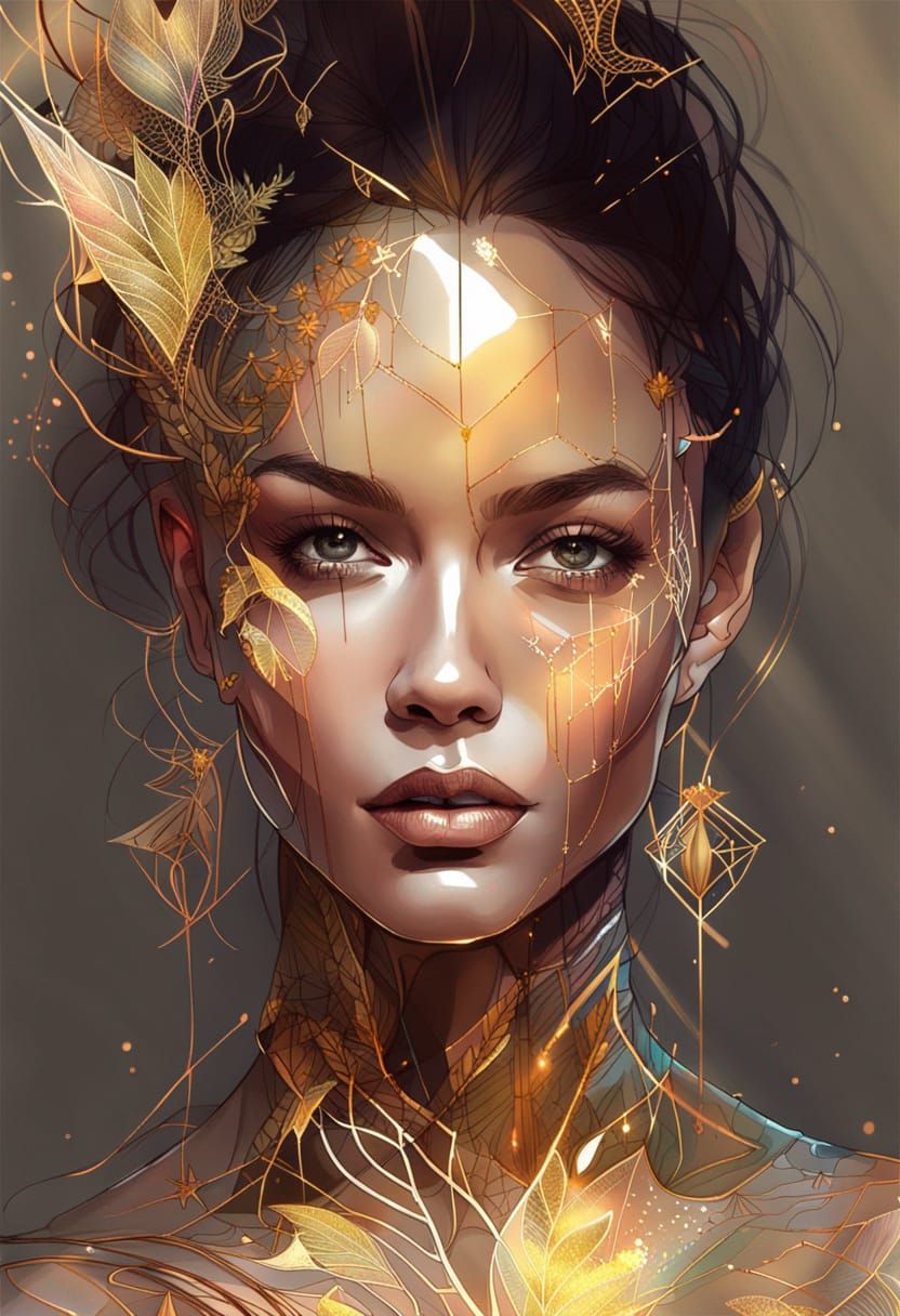 Beautiful Woman Portrait with Golden Outlines