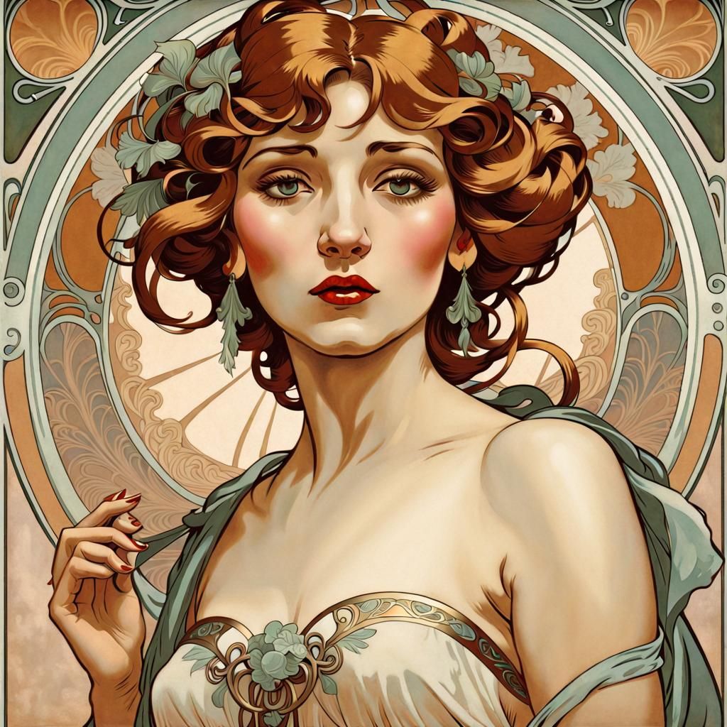 Elegant 1950s Woman in Art Nouveau Style