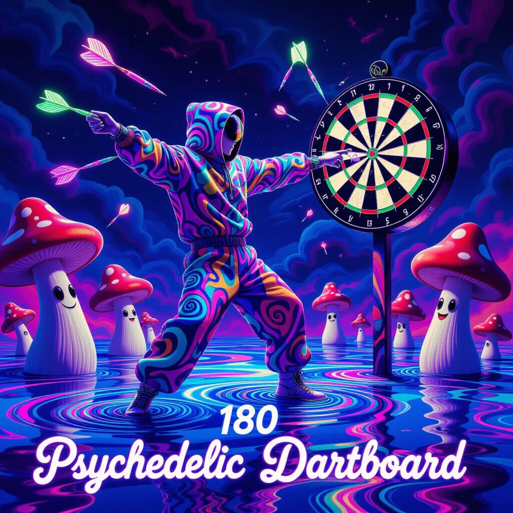 Psychedelic Dartboard Dreamscape with Talking Mushrooms