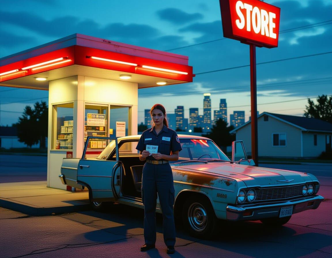 Woman with Cash and Fast Car at Dusk