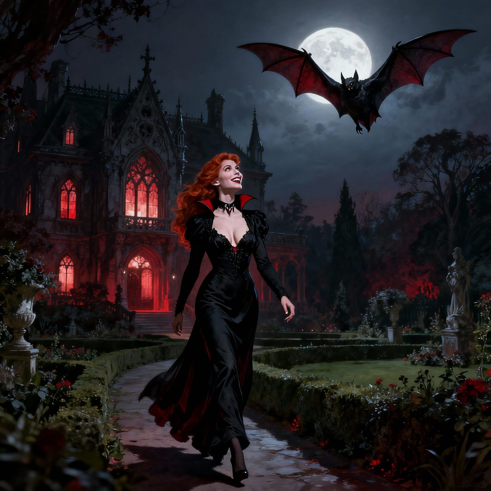 Vampire in Moonlit Garden with Gothic Mansion