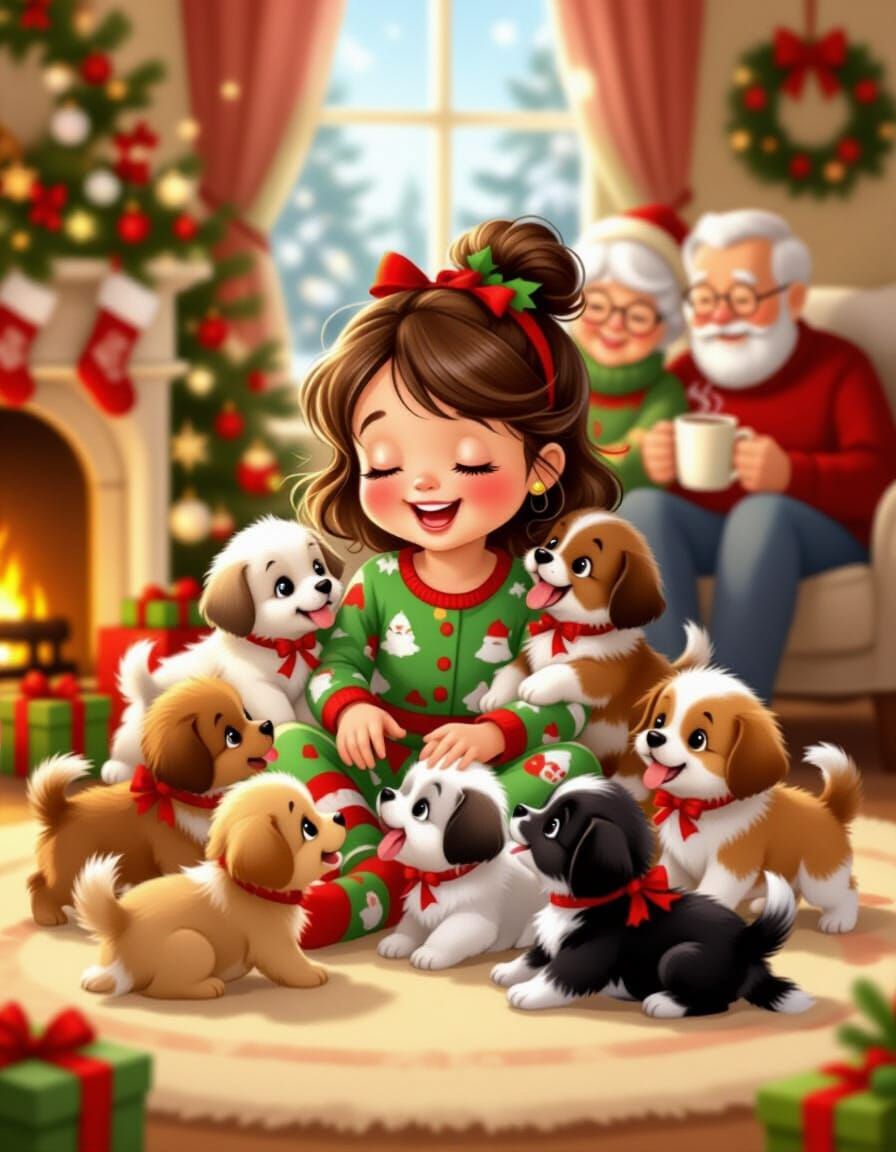 Precious Moments Christmas Scene with Girl and Puppies