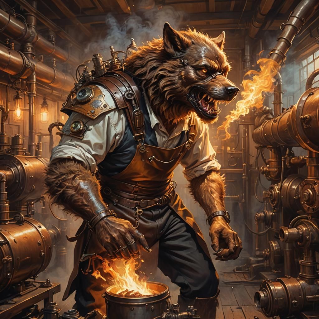 Steampunk Werewolf Crafts Fire in Oil Painting