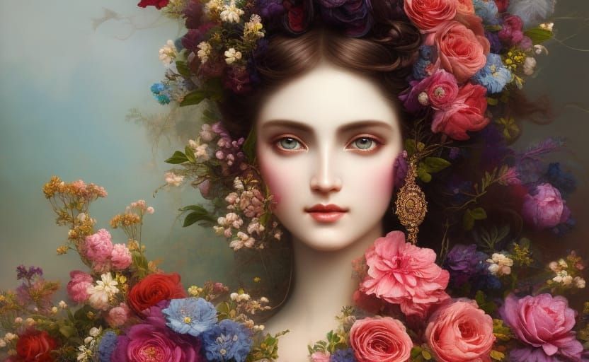 Stunning Woman in Floral Gown, Digital Art