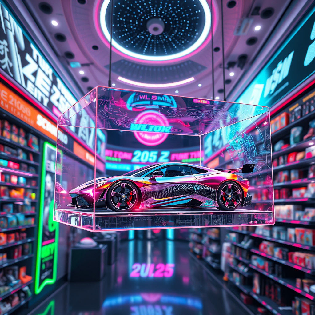 Futuristic Sports Car in Cyberpunk Toy Store, Anime Art