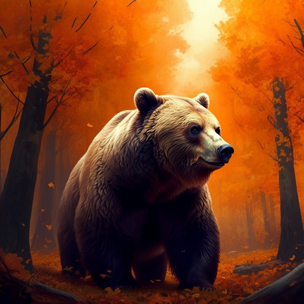 Bear in Autumn Leaves: Black and White Watercolour
