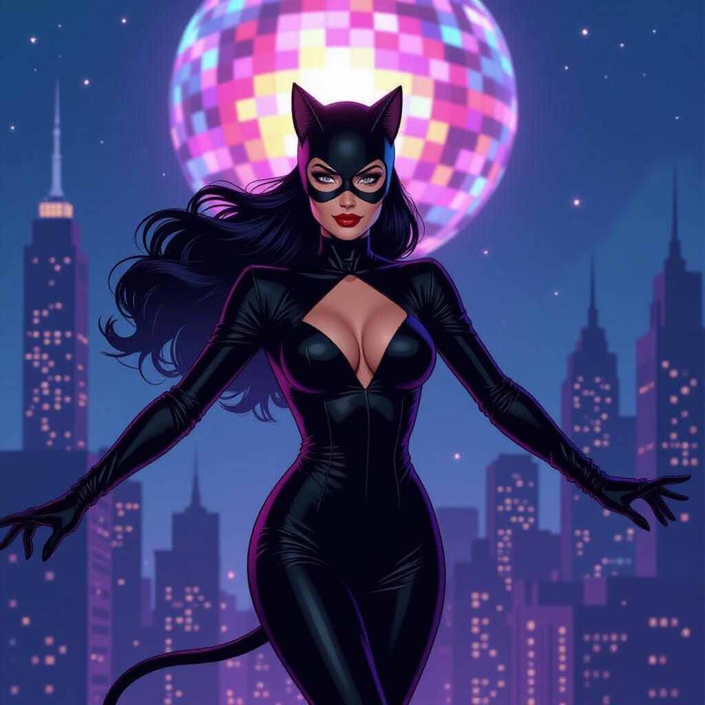 Cartoonish Catwoman Flying Over Cityscape